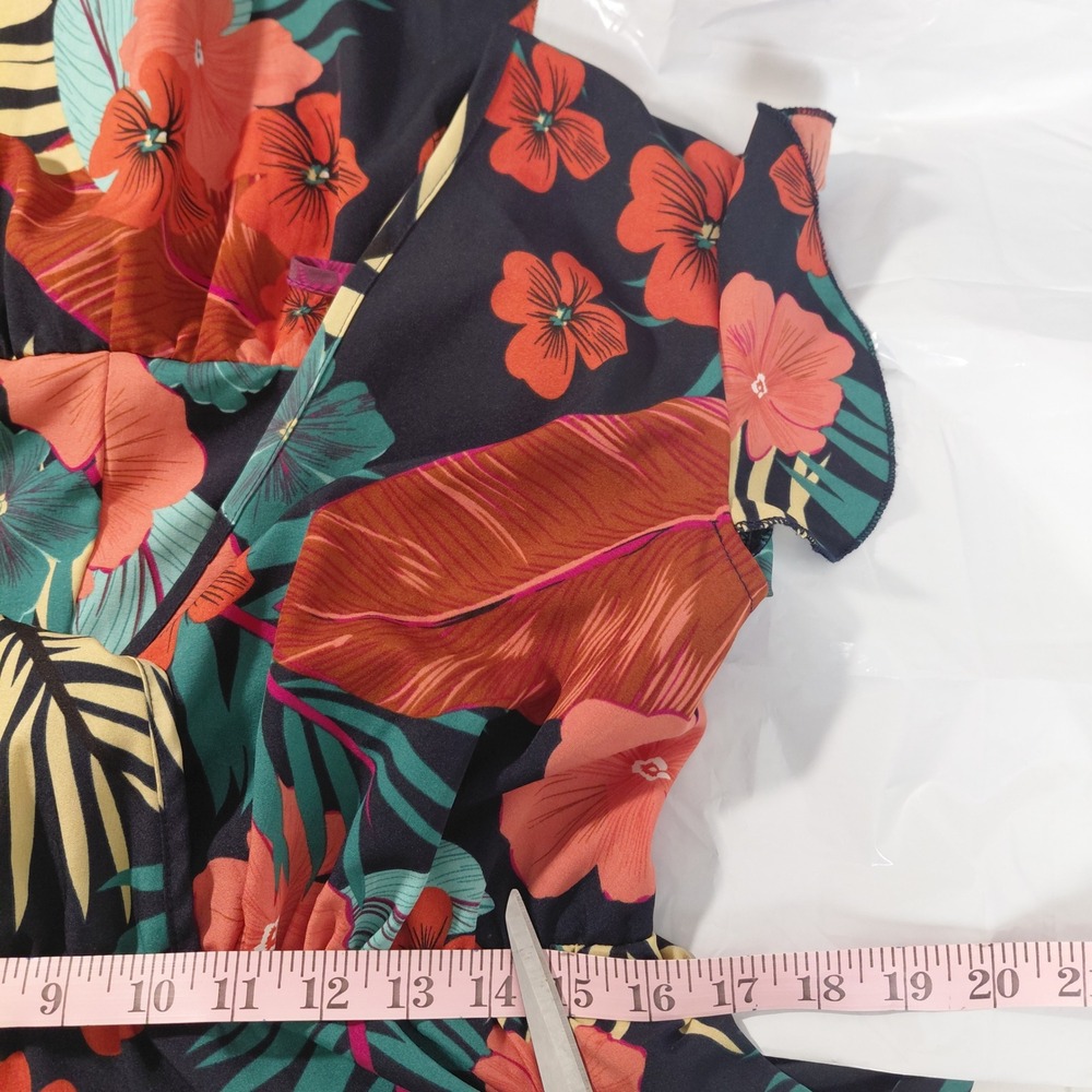 Tropical Floral V-Neck Ruffle Mini Dress Flutter Sleeve Tie Back High Waist ?Lg? - Picture 10 of 14